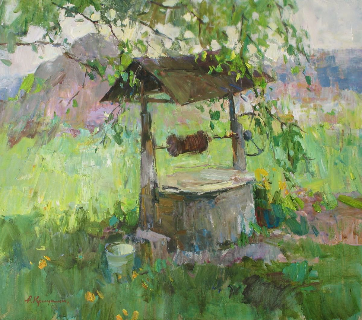 Impressionistic Landscape Oil Painting By Aleksandr Kryushyn, 26 X 22, The Old Well, Original Artwork