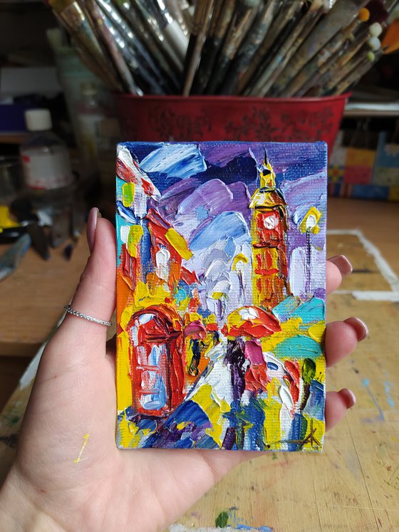 With love from London - small painting, cityscape, postcard, city, gift idea, gift, oil painting,Big Ben, London, United Kingdom