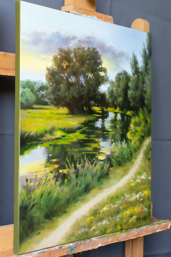 Warm evening near the river (Modern Impressionistic Landscape Oil Painting, Gift for nature lovers)