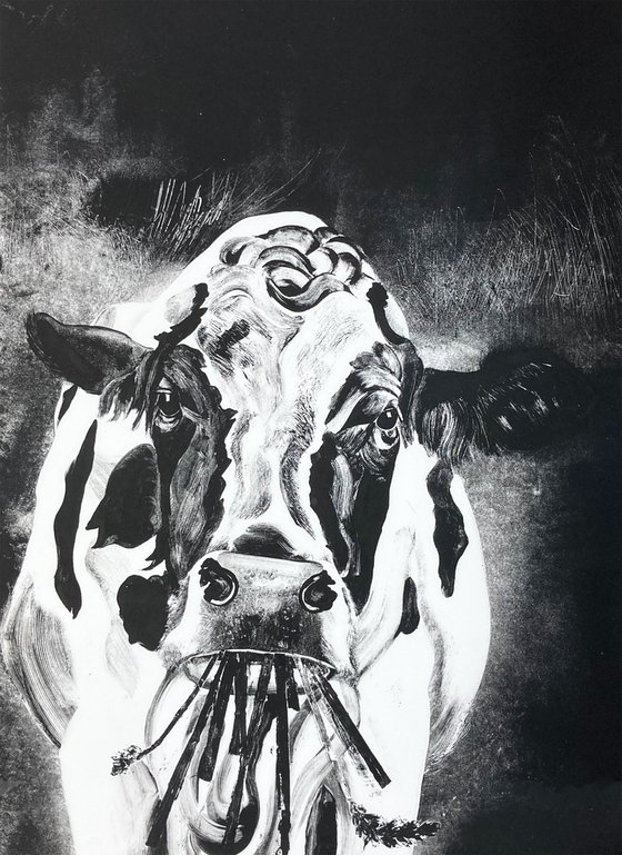 Large Cow Monotype, Framed Unique Print