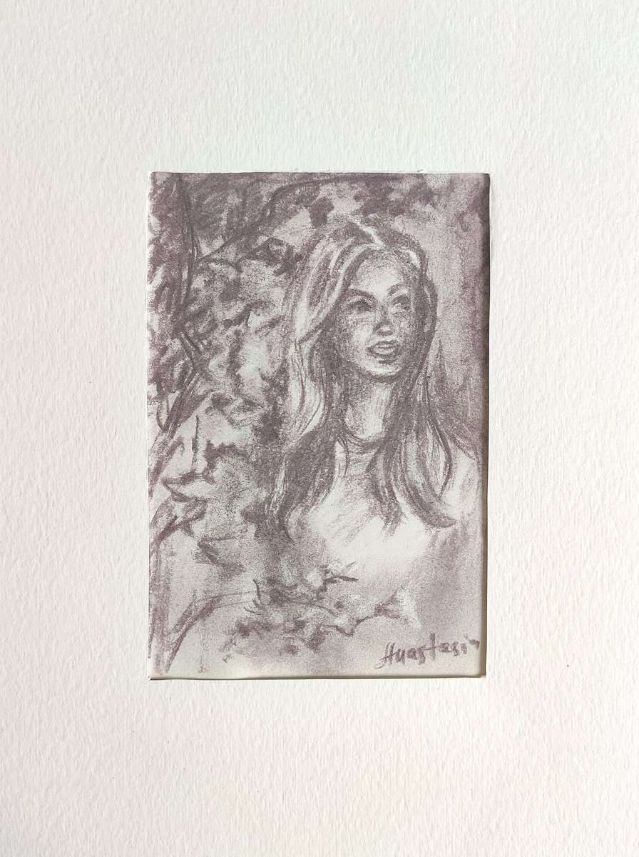 Young Girl In the Forest Small Drawing Portrait Woman Trees Charcoal Sketch by Anastasia Art Line