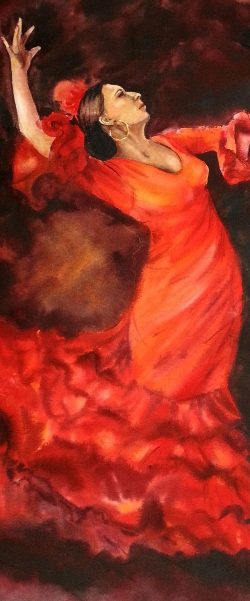 Flamenco Dancer in Red Dress by Olga Beliaeva Watercolour