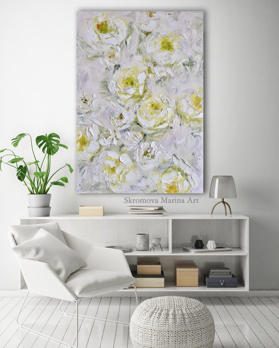 Yellow texture peony painting. White peonies art.