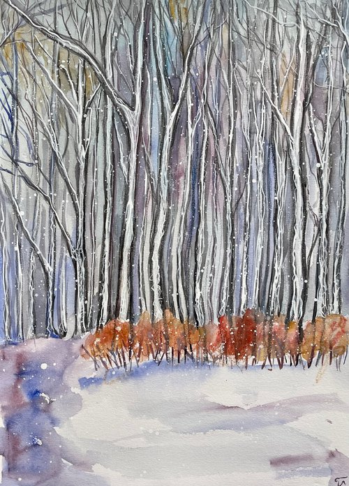 Trees Original Watercolor Painting, Winter Forest Artwork, Snow Landscape Wall Art, Rustic Home Decor by Kate Grishakova