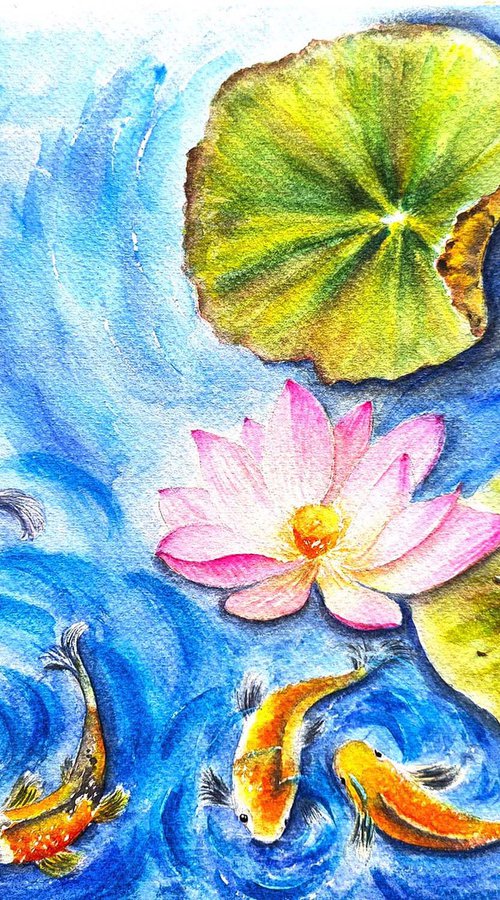 Koi fish with lotus by Neha Soni