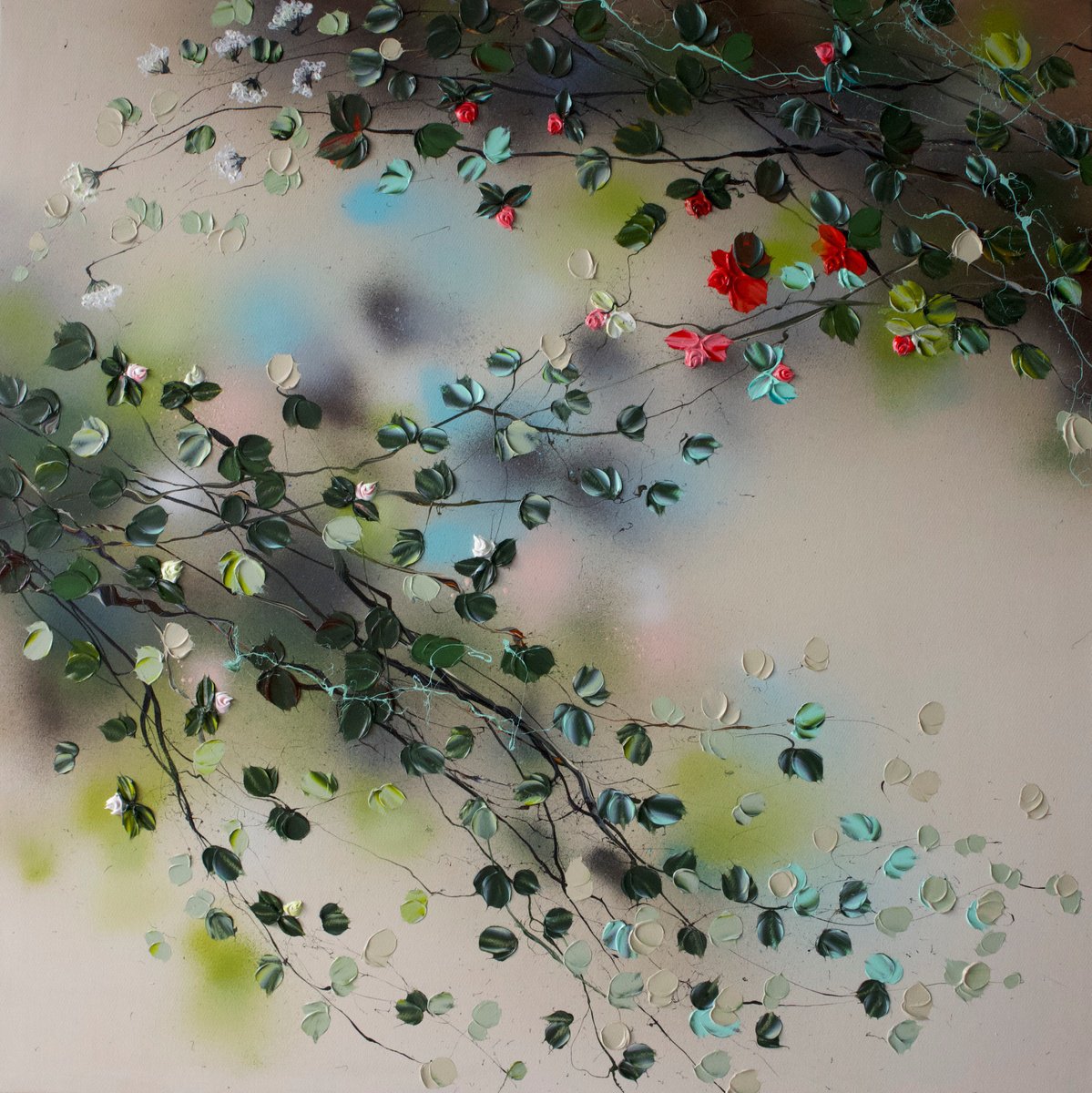 Impressionistic Botanical Acrylic Painting By Anastassia Skopp, 39 X 39, In The Afternoon - , Original Artwork