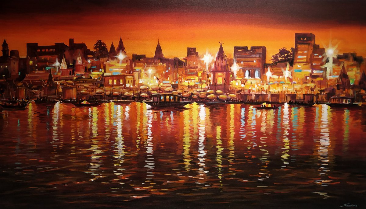 Impressionistic Cityscapes Acrylic Painting By Samiran Sarkar, 45 X 26", Beauty Of Evening Ganges In Varanasi, Original Artwork