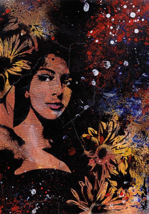 untitled #28914 - (bikini girl portrait, spray paint graffiti painting, woman with daisies) by Marco Paludet