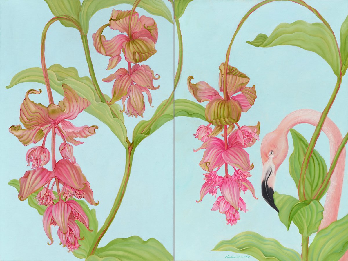 Illustrative Oil Painting , Medinilla & Flamingo By Natalie Levkovska, 47 X 35, Artwork For Sale On Artfinder