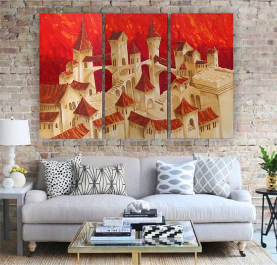 XXL surrealistic old town orange cityscape in Italy palette knife S038 extra Large painting 120x190x4 cm  red decor original big art ready to hang painting acrylic on stretched canvas glossy wall art