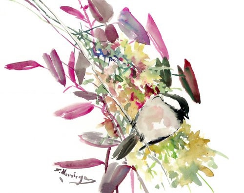 Chickadees, Bird and flowers by Suren Nersisyan