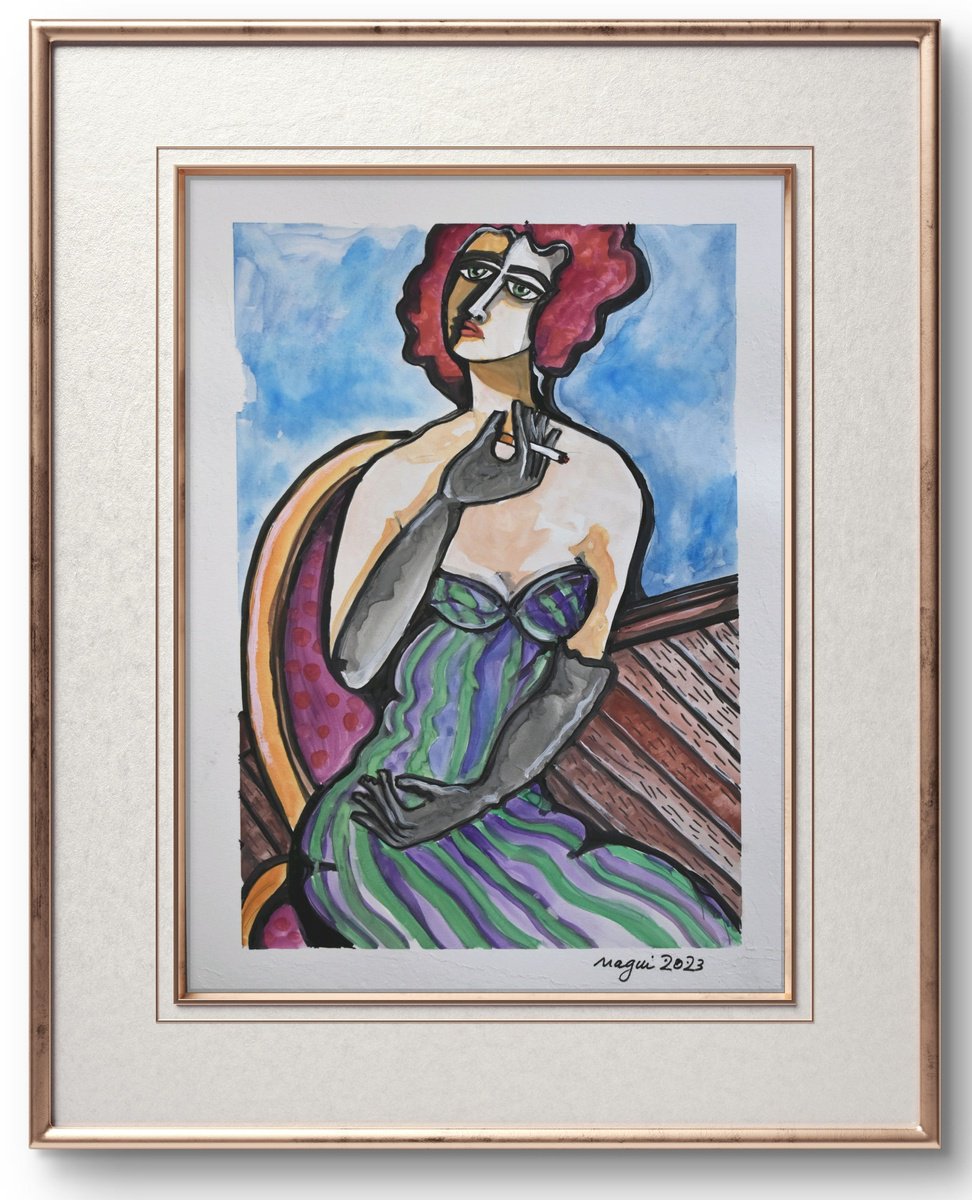 Expressive Portrait Watercolour By Nagui, 11 X 15", Woman Smoking A Cigarette, Original Artwork
