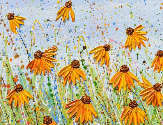 Yellow echinacea - Impasto Floral Painting on Canvas