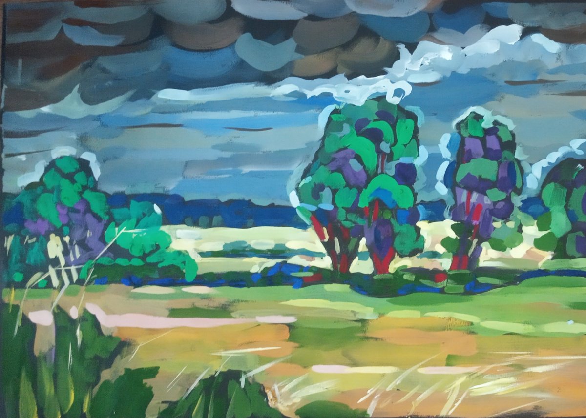 Impressionistic Landscape Painting By Valentina Kachina, 28 X 20", Before The Rain, Original Artwork