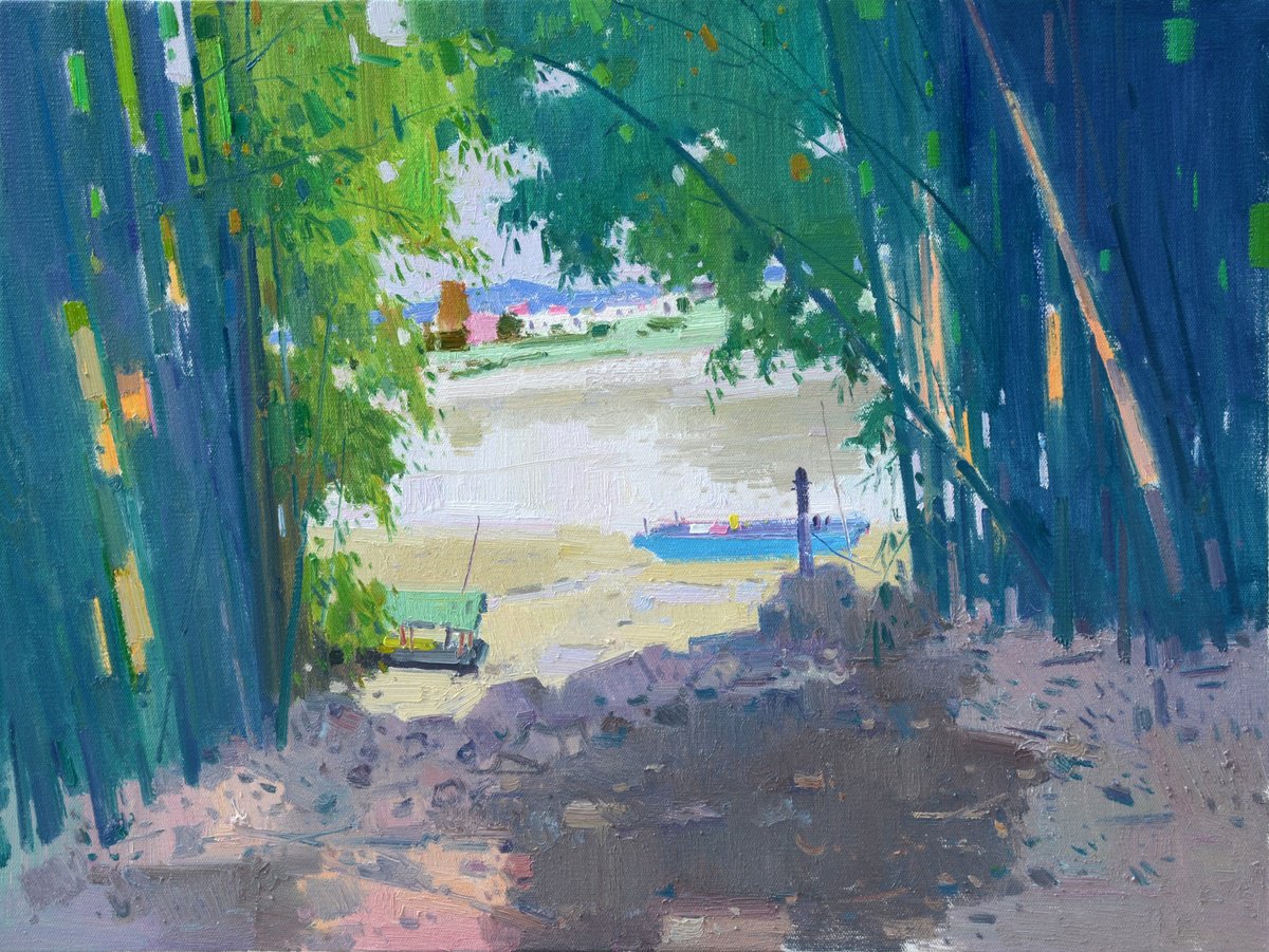 Impressionistic Landscape Oil Painting By Jianzhe Chon, 31 X 24, Bamboo Trees 218, Original Artwork