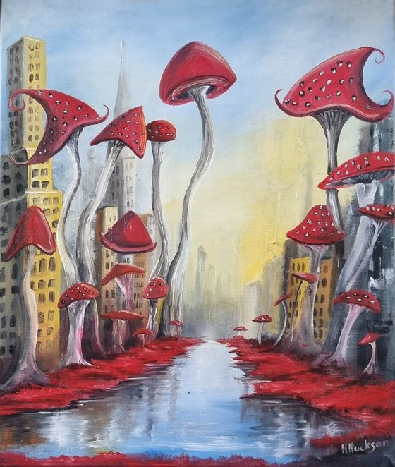 Mushroom Take Over Cityscape 20"×24" oil on canvas, Rise of the red mushroom