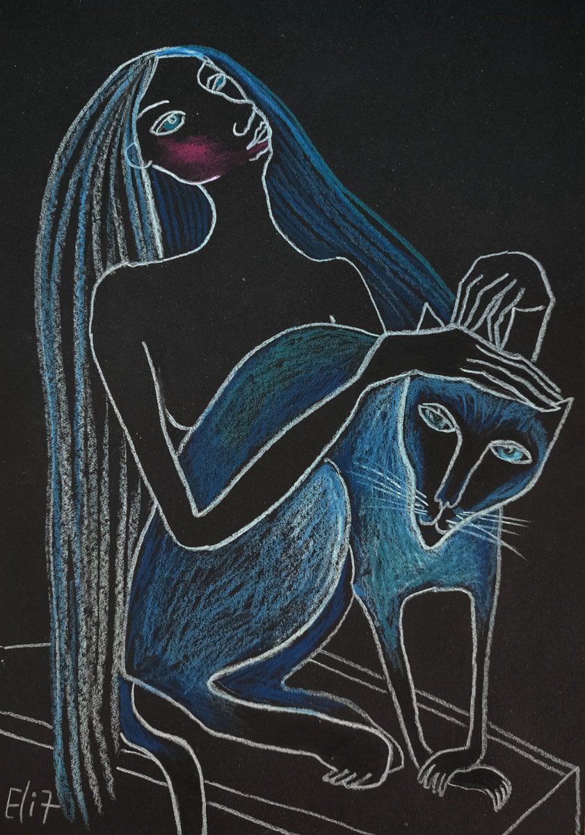 Expressive Animal Pencil Drawing By Elisheva Nesis, 9 X 13, Long Night, Original Artwork