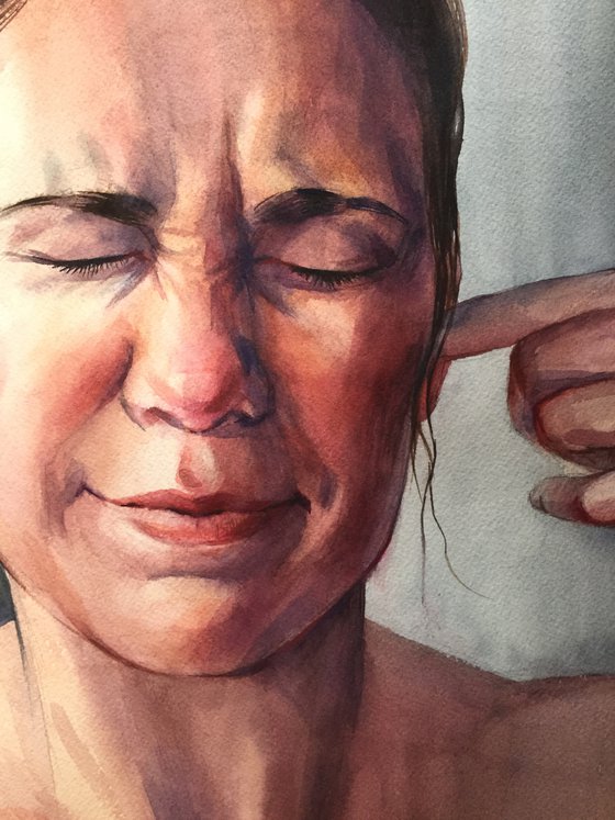 That's enough! Emotional woman portrait. Woman's face drawing