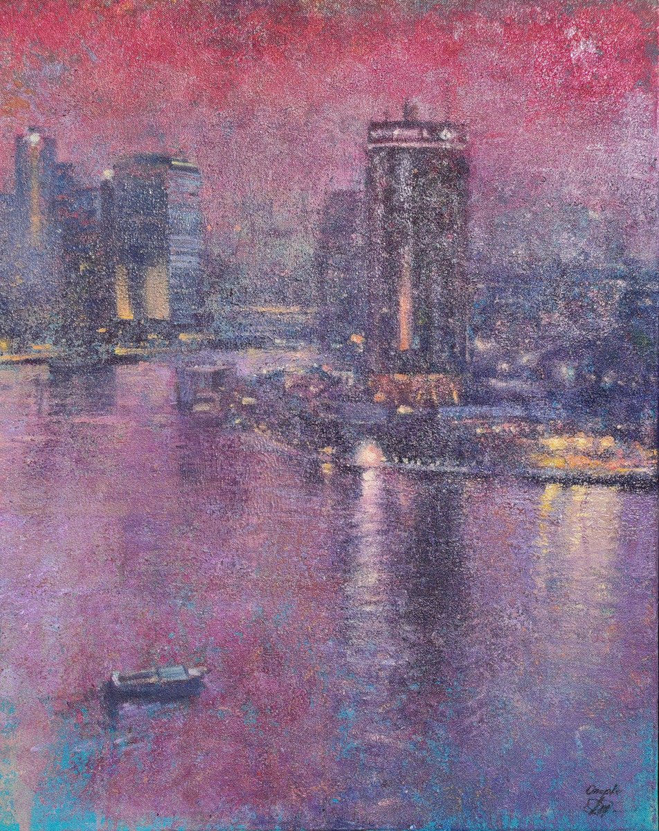 Impressionistic Cityscapes Oil Painting By Olga Onopko, 31 X 39", City On The Nile River, Original Artwork