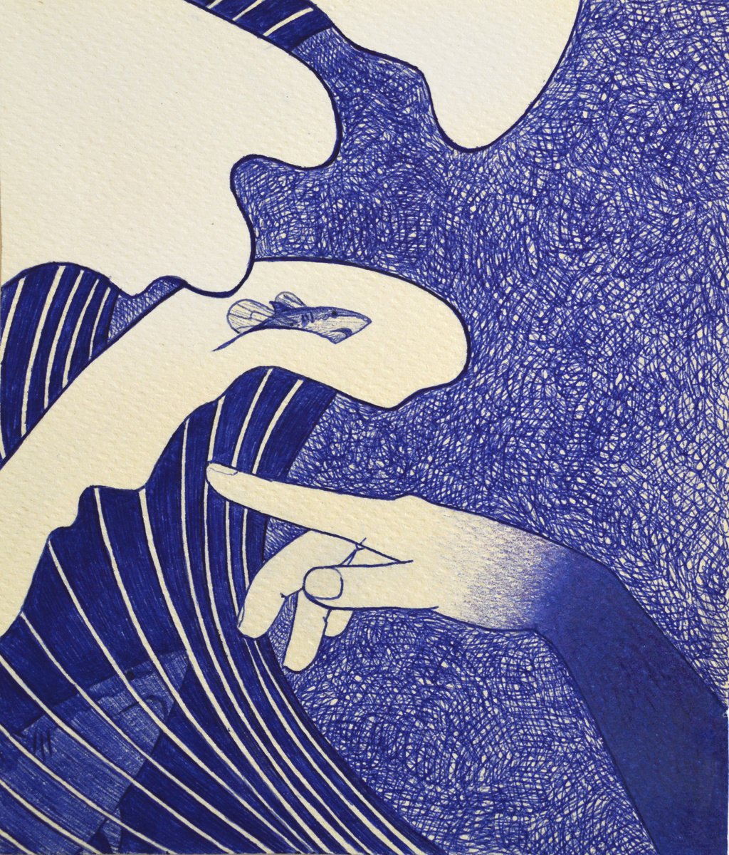 Surrealistic Landscape Ink Drawing By Andromachi Giannopoulou, 5 X 6, Shark On A Tsunami, Original Artwork