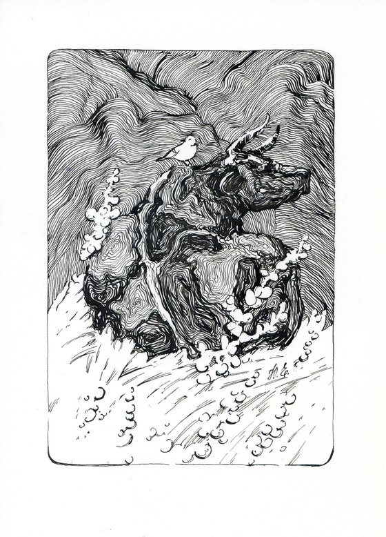 Dreamy cow and little bird, ink drawing of animals