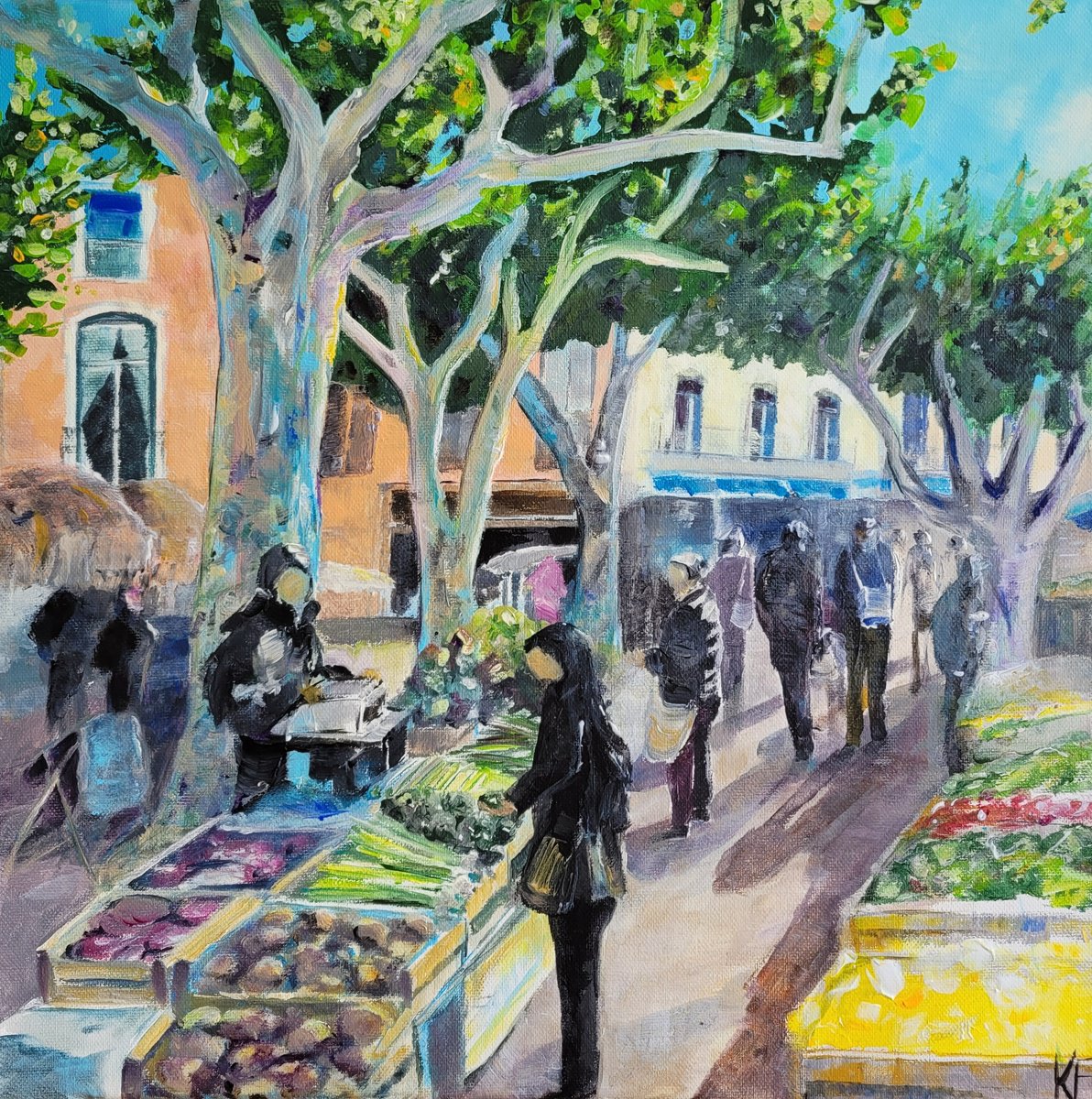Impressionistic Cityscapes Acrylic Painting By Kathrin Floge, 16 X 16", Market In Collioure 2: Under Platanes, Original Artwork