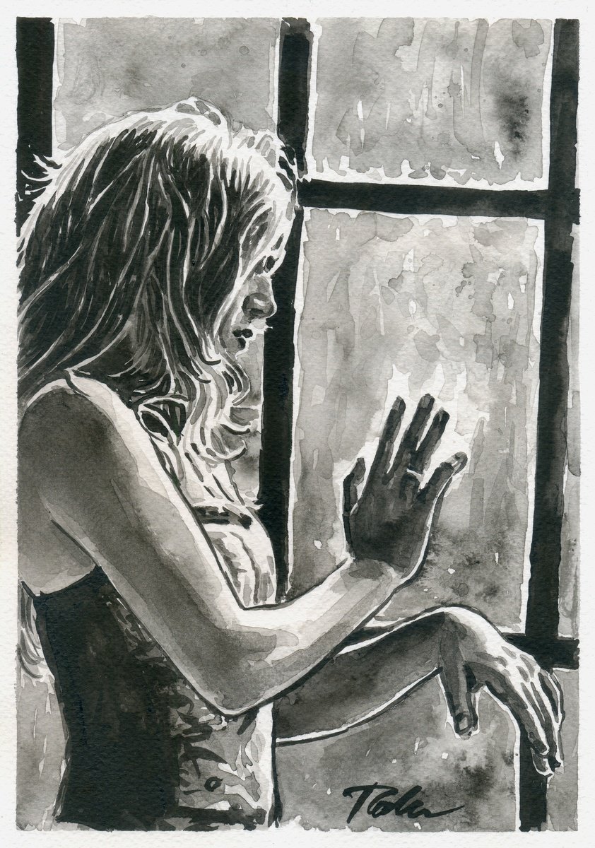 Urban And Pop Portrait Ink Drawing By Tashe, 8 X 12", Spring Rain, Original Artwork