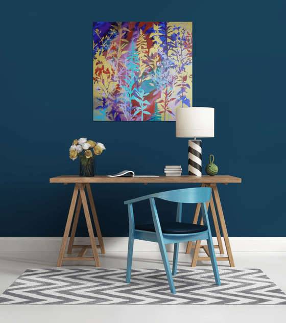 Chinoiserie  ( vibrant semi abstract flower painting with gold - ready to hang)