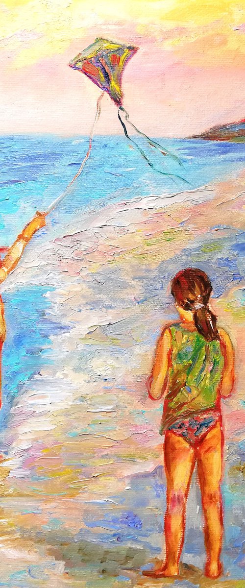 "Two Girls with a Kite" Original Oil Artwork 7 by 10" (18x24cm) by Katia Ricci