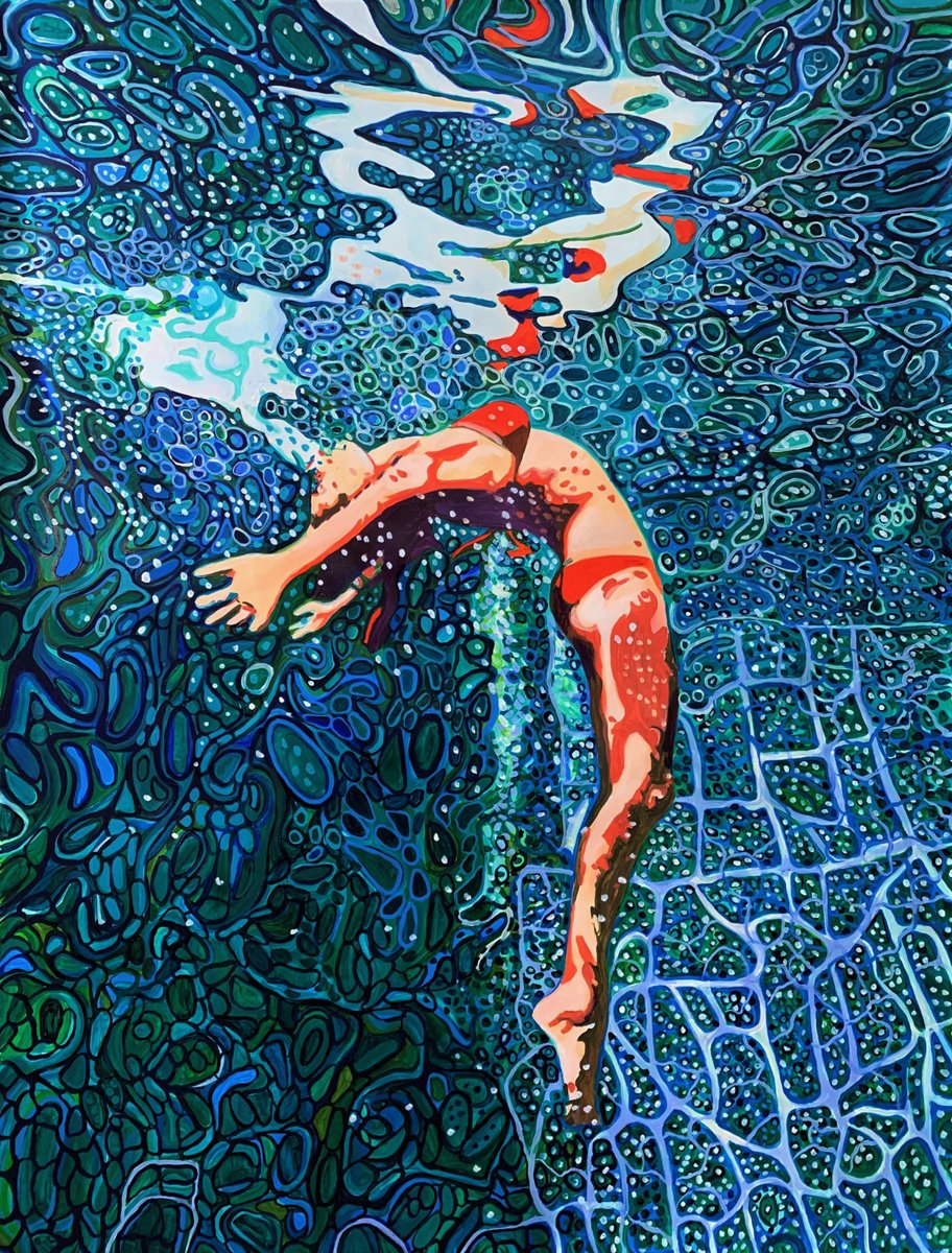 Urban And Pop Portrait Acrylic Painting By Alexandra Djokic, 35 X 47, Underwater Green, Original Artwork