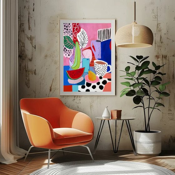 Colorful Still Life with Cups and Fruit