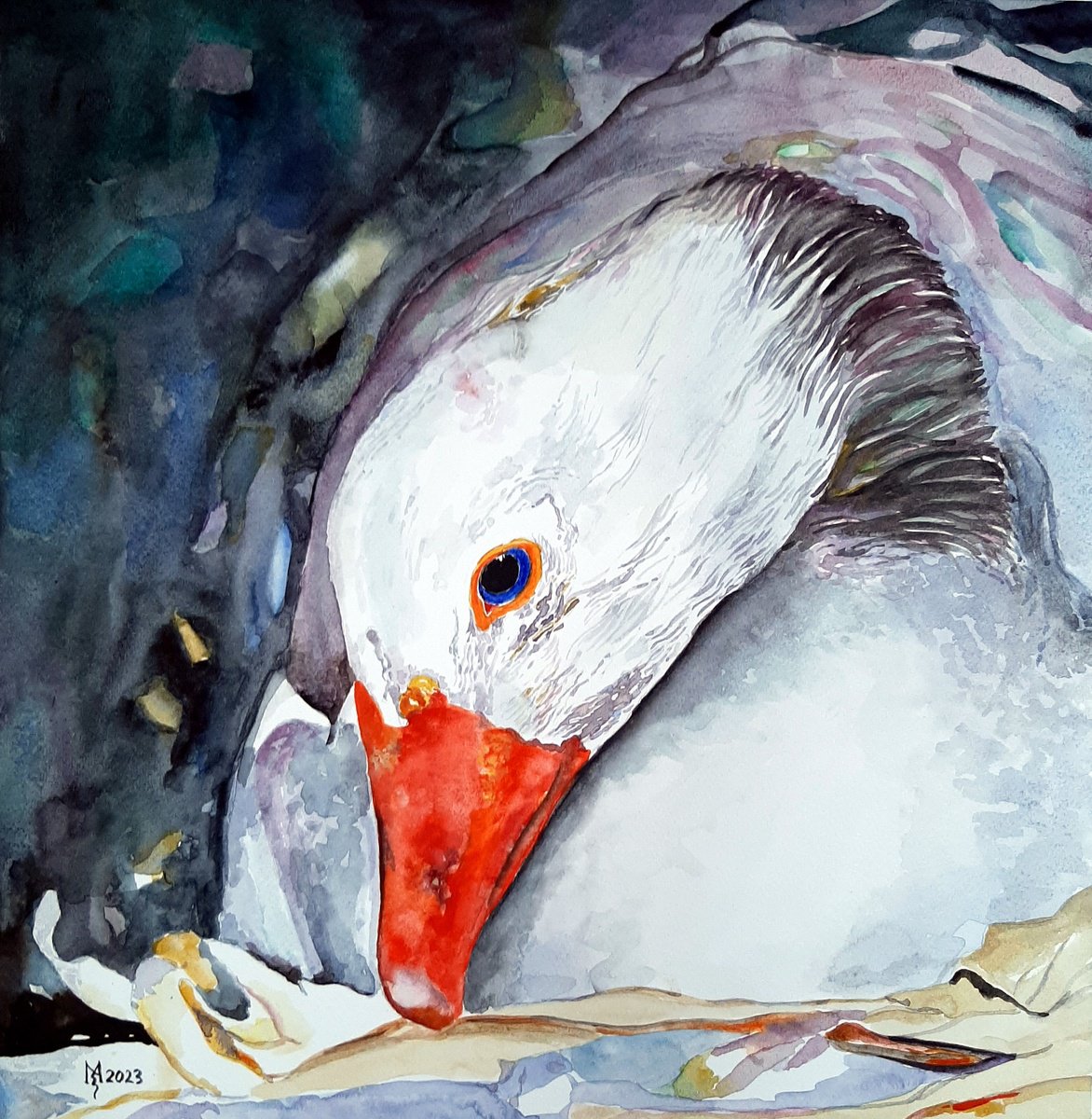 Impressionistic Animal Watercolour By Zoran Mihajlovic Muza, 15 X 16", Mother Goose, Original Artwork