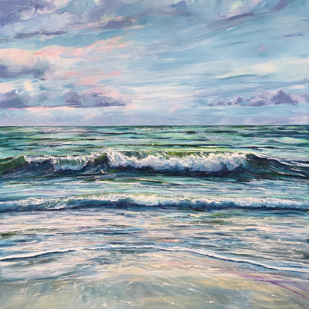 Impressionistic Landscape Acrylic Painting By Sandra Gebhardt-Hoepfner, 31 X 31", Afternoon At The Ocean, Original Artwork