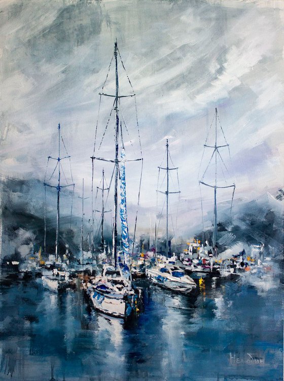 "Quiet harbor " yachts at sea, landscape