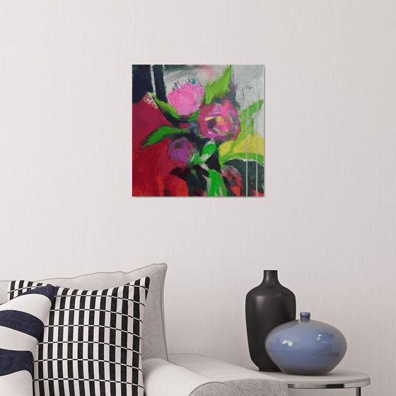 Pink peonies modern mixed media painting