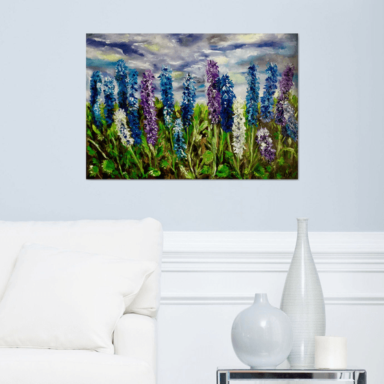 Delphiniums  in Regents Park in London, English garden,  meadow in summer flowers palette  knife modern  flowers office home decor gift