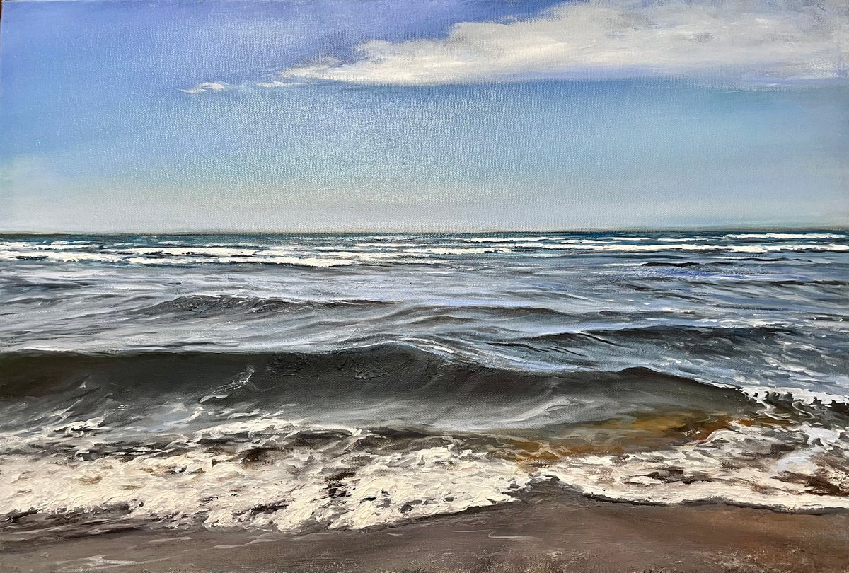 Photorealistic Landscape Oil Painting By Aflatun Israilov, 24 X 16, Caspian Sea, Original Artwork