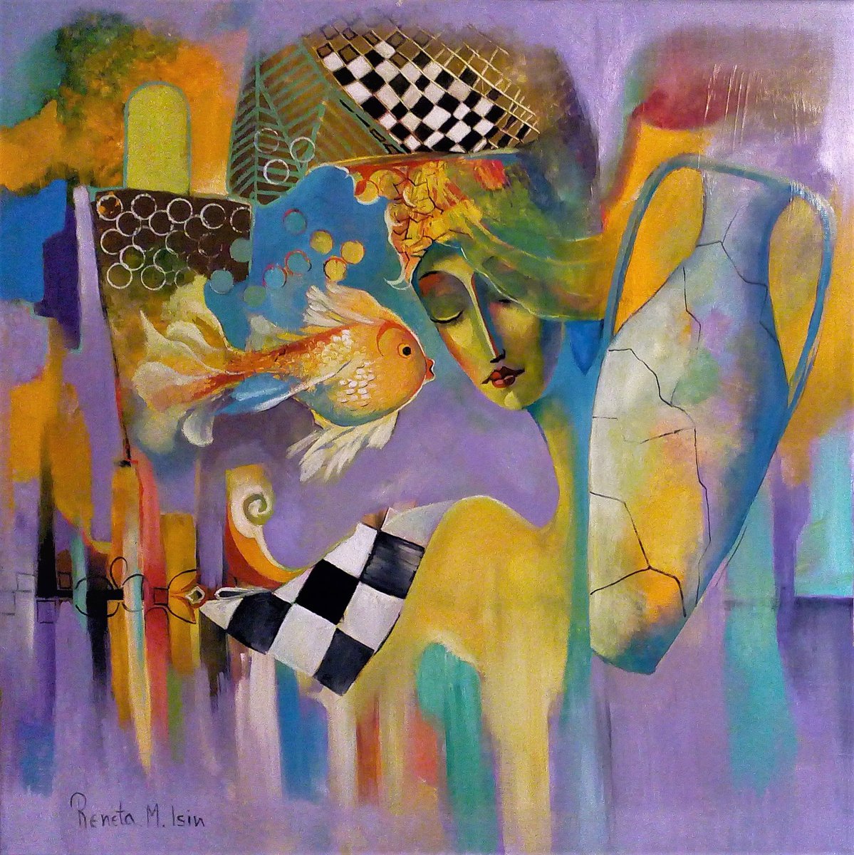 Surrealistic Animal Oil Painting By Reneta Isin, 31 X 31", " Three Wishes ", Original Artwork