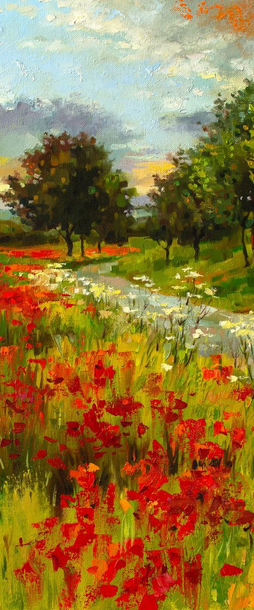 POPPY FIELDS (Modern Impressionistic Landscape Oil Painting, Gift for nature lovers) by Yaroslav Sobol