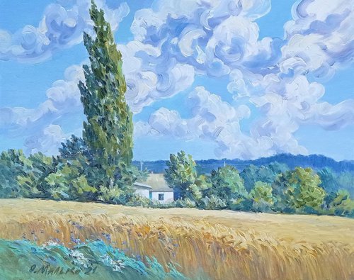 Inspired by Van Gogh. Wheat field with Poplars / Ukrainian rural landscape. Original picture by Olha Malko
