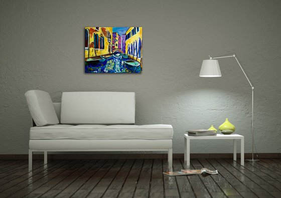 VENICE CANAL BRIDGE. HOME DECOR. PALETTE KNIFE OIL PAINTING. OFFICE URBAN WALL ART