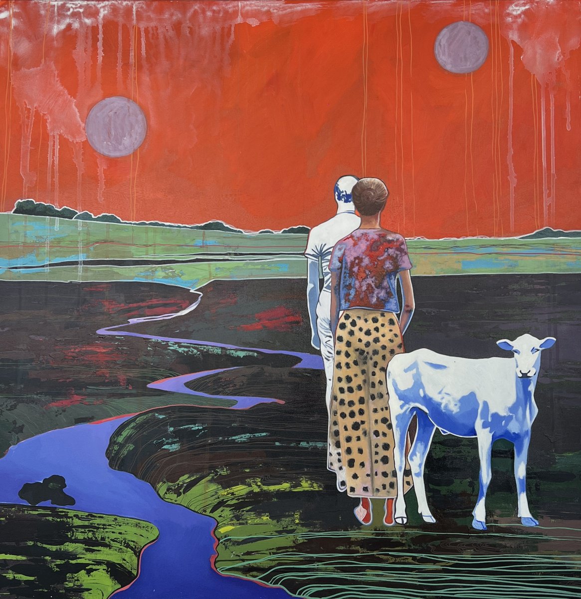 Abstract Landscape Oil Painting By Elizaveta Pugacheva, 39 X 39, Two Moons, Original Artwork