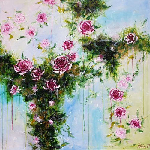 Trailing Roses Large Abstract Flower Painting 100x100cm 39x39" Modern Flower Painting Bedroom Decor Hotel Decor Pink and Greens Bright Artwork by JuliaP Art