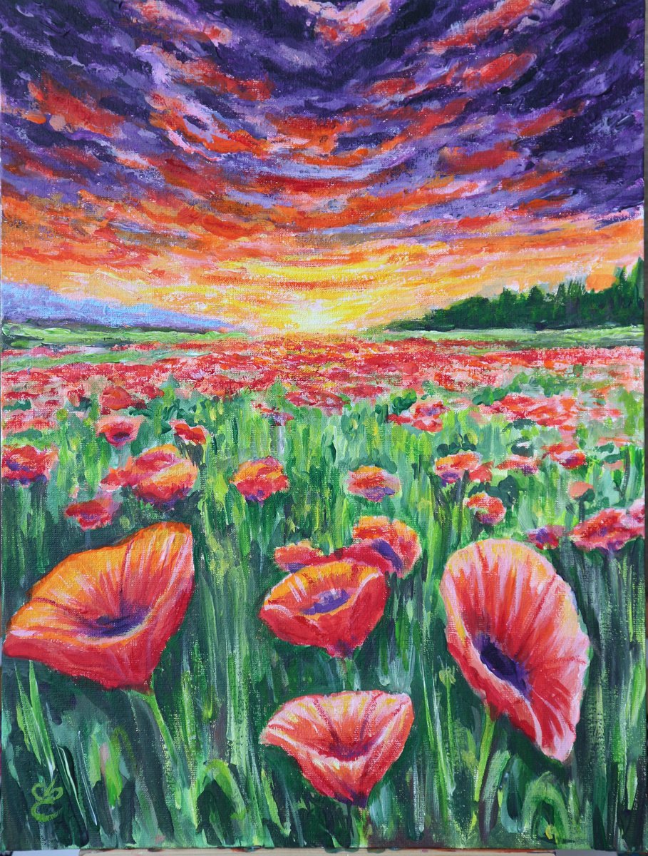 Photorealistic Landscape Acrylic Painting By Dmytro Yeromenko, 12 X 16, Poppy Field, Original Artwork