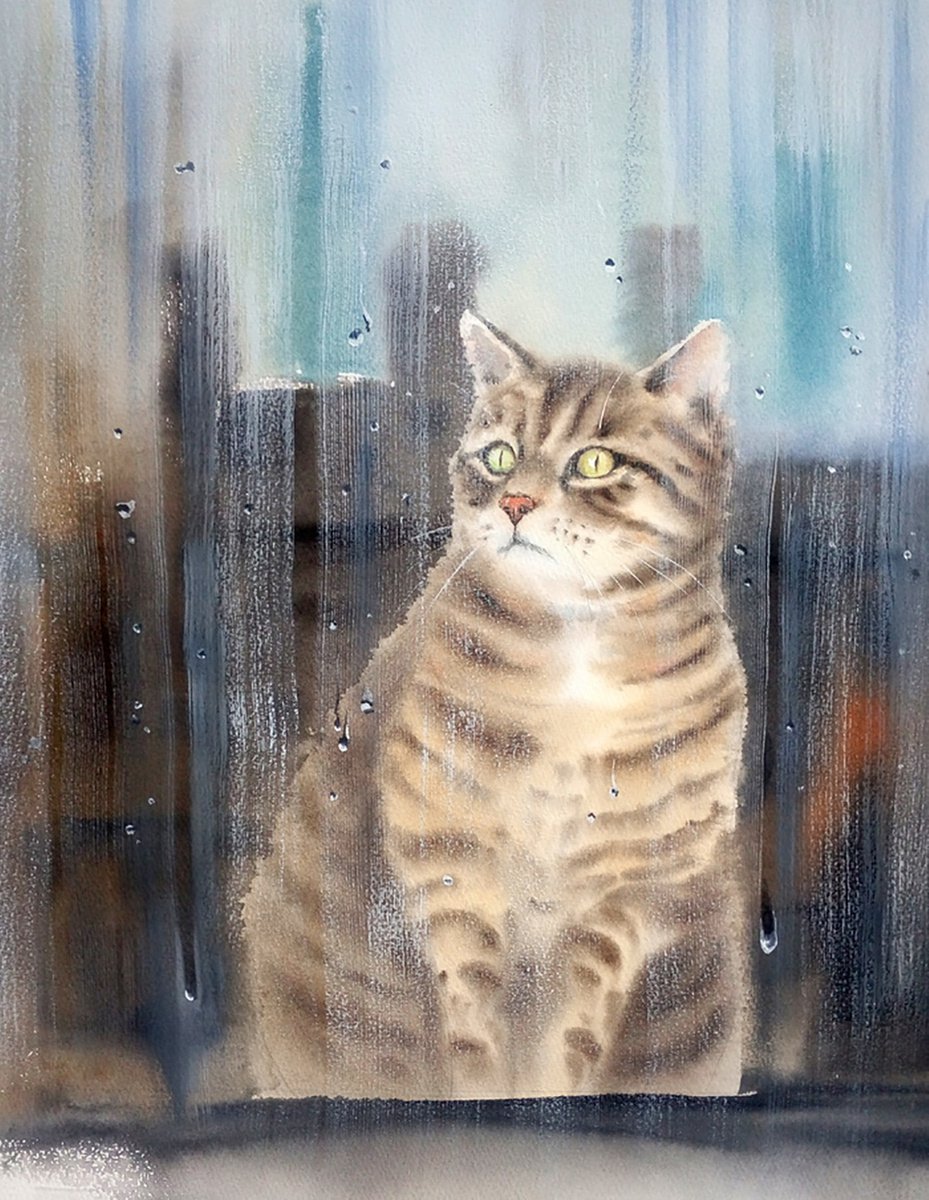 Rainy Cat ≧^◡^≦ - cat looking out of the window by Olga Beliaeva Watercolour