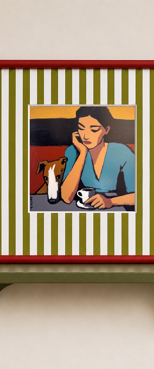 Woman with Dog and Coffee – Original Painting by Daria Baklykova