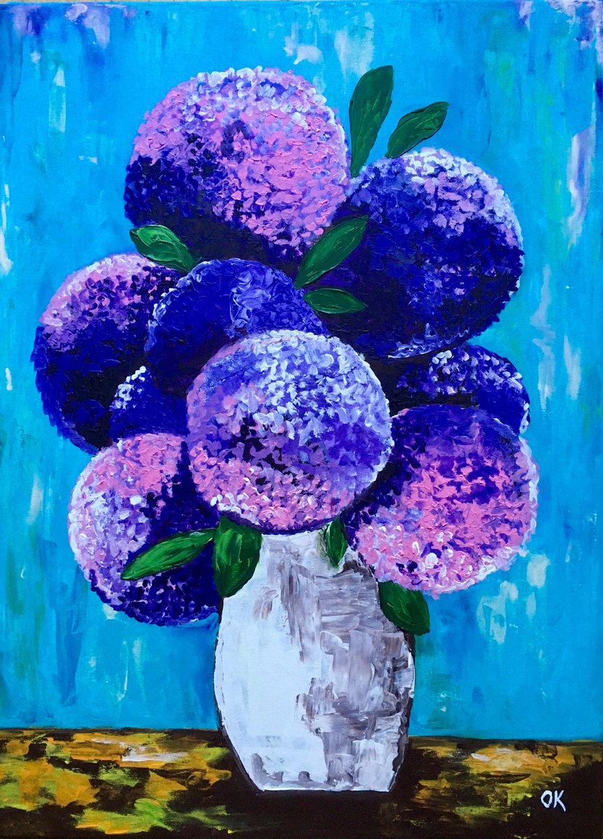 BOUQUET OF Purple and Pink hydrangea on turquoise in a white vase palette knife Original... by Olga Koval