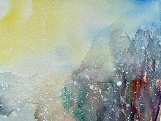 Winter Abstract Watercolor Painting, First Snow Original Painting, Christmas Wall Art, Cozy Home Gifts