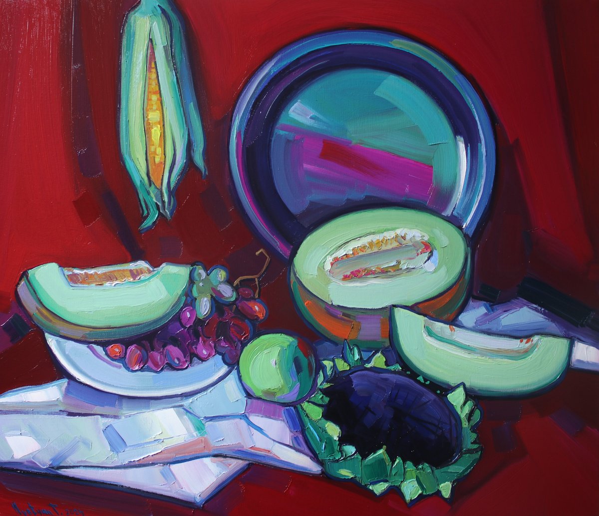 Expressive Still Life Oil Painting By Tigran Avetyan, 28 X 24", Still Life, Original Artwork