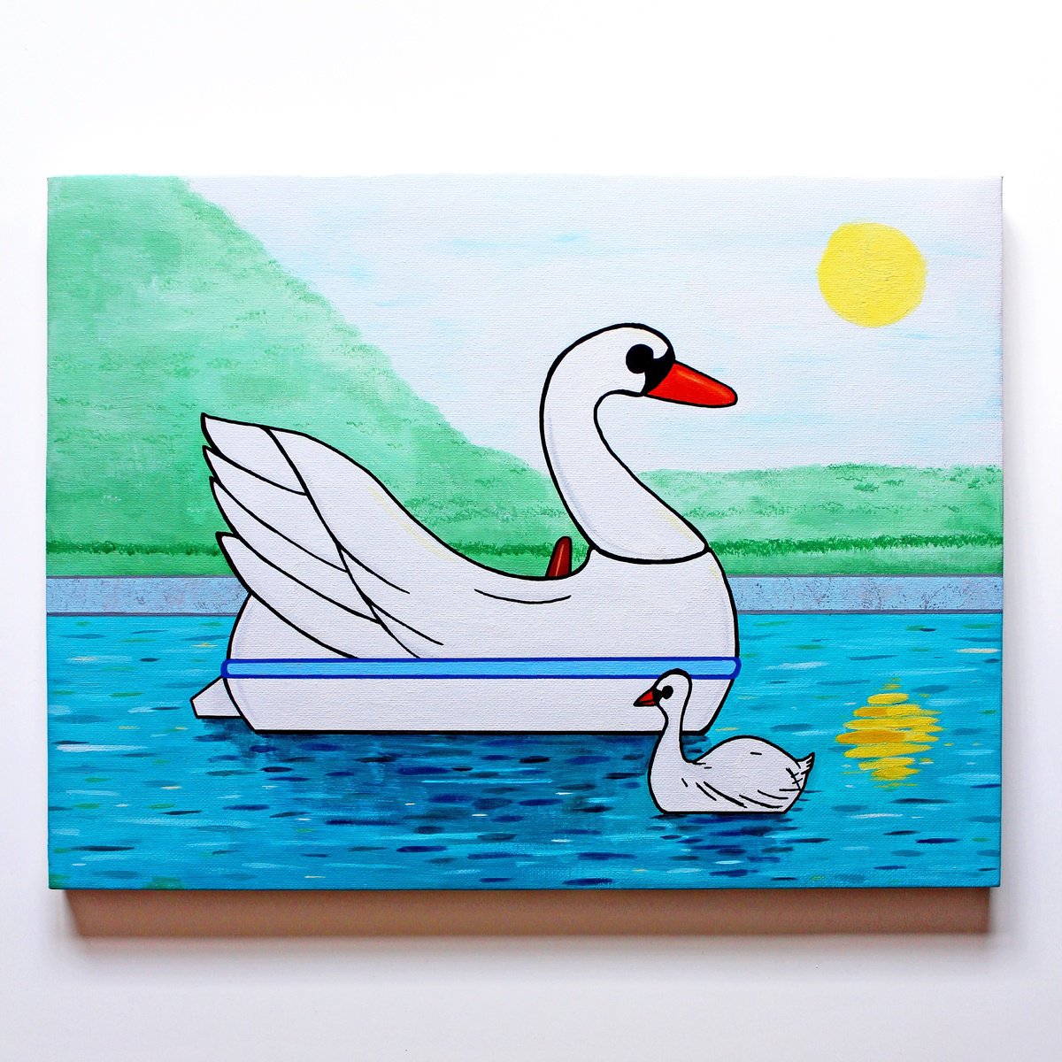 Urban And Pop Landscape Acrylic Painting By Ian Viggars, 16 X 12, Swan Boat In Springtime, Original Artwork